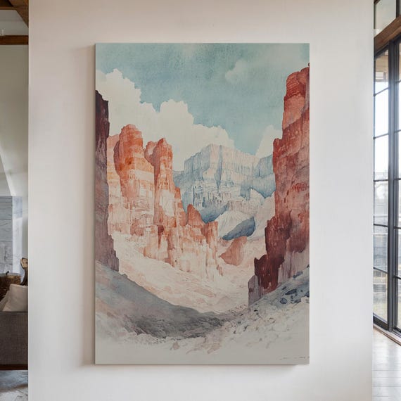 Canyon Landscape Watercolor Red Rock Desert Cliffs And Blue Sky Western Nature Art In Soft Vintage Painting Style