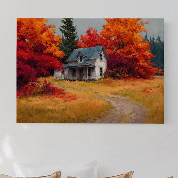 Autumn Farmhouse Art Print, Rustic Country House