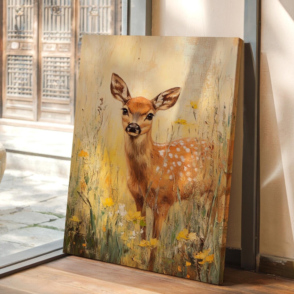 Fawn In Wildflower Meadow Art Print, Rustic Woodland Decor