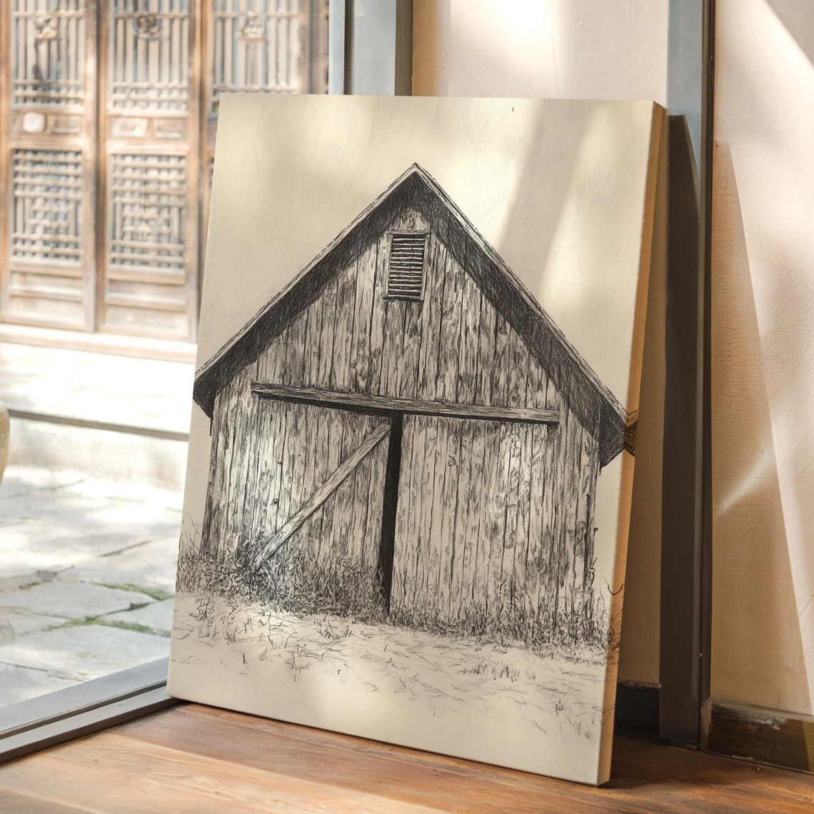 Vintage Wooden Barn Front Black And White Ink Drawing Poster