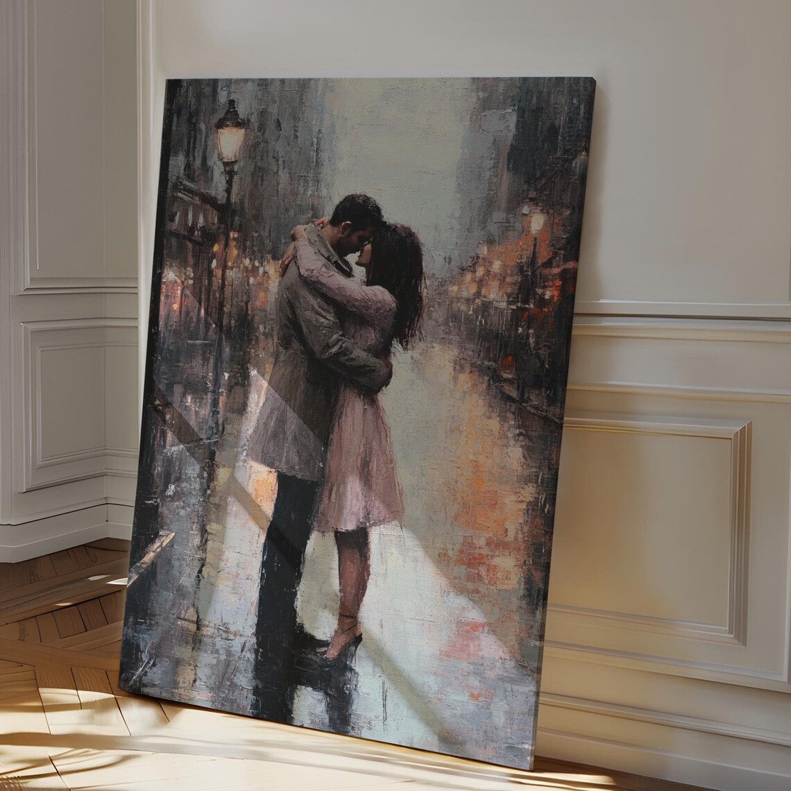 Romantic Couple In The Rain, Cityscape Art Print