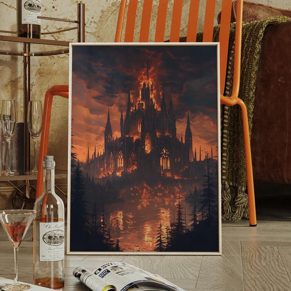 Gothic Cathedral On Fire Fantasy Wall Art Dark Castle Burning At Sunset With Reflections Dramatic Canvas For Game Room Decor