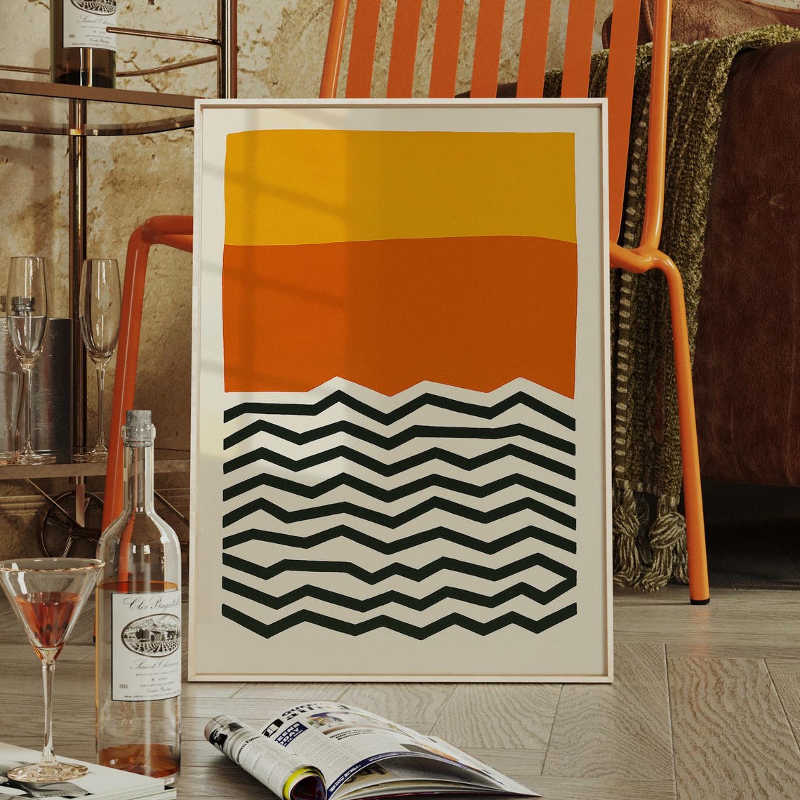 Modern Geometric Sunset Ocean Waves Orange and Yellow Abstract Poster