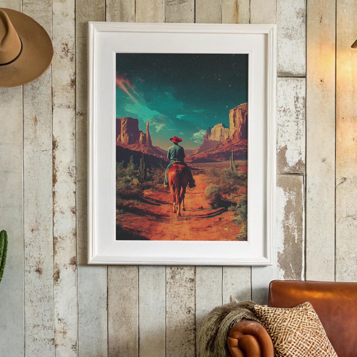 Cowboy Riding Under Neon Desert Night Sky Art Print