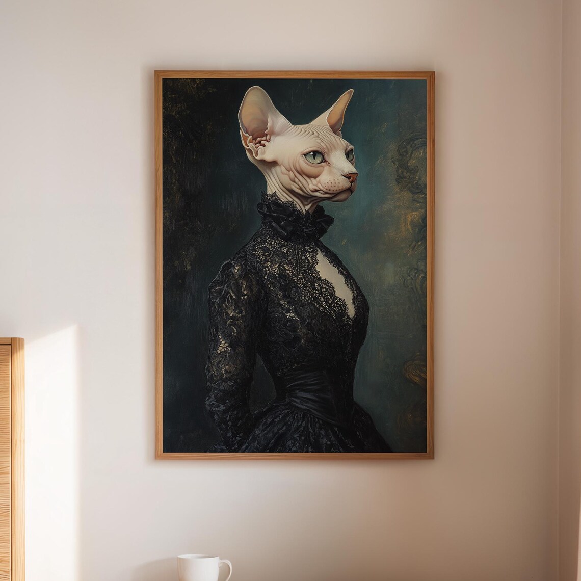 Gothic Sphynx Cat in Black Lace Gown Art Print