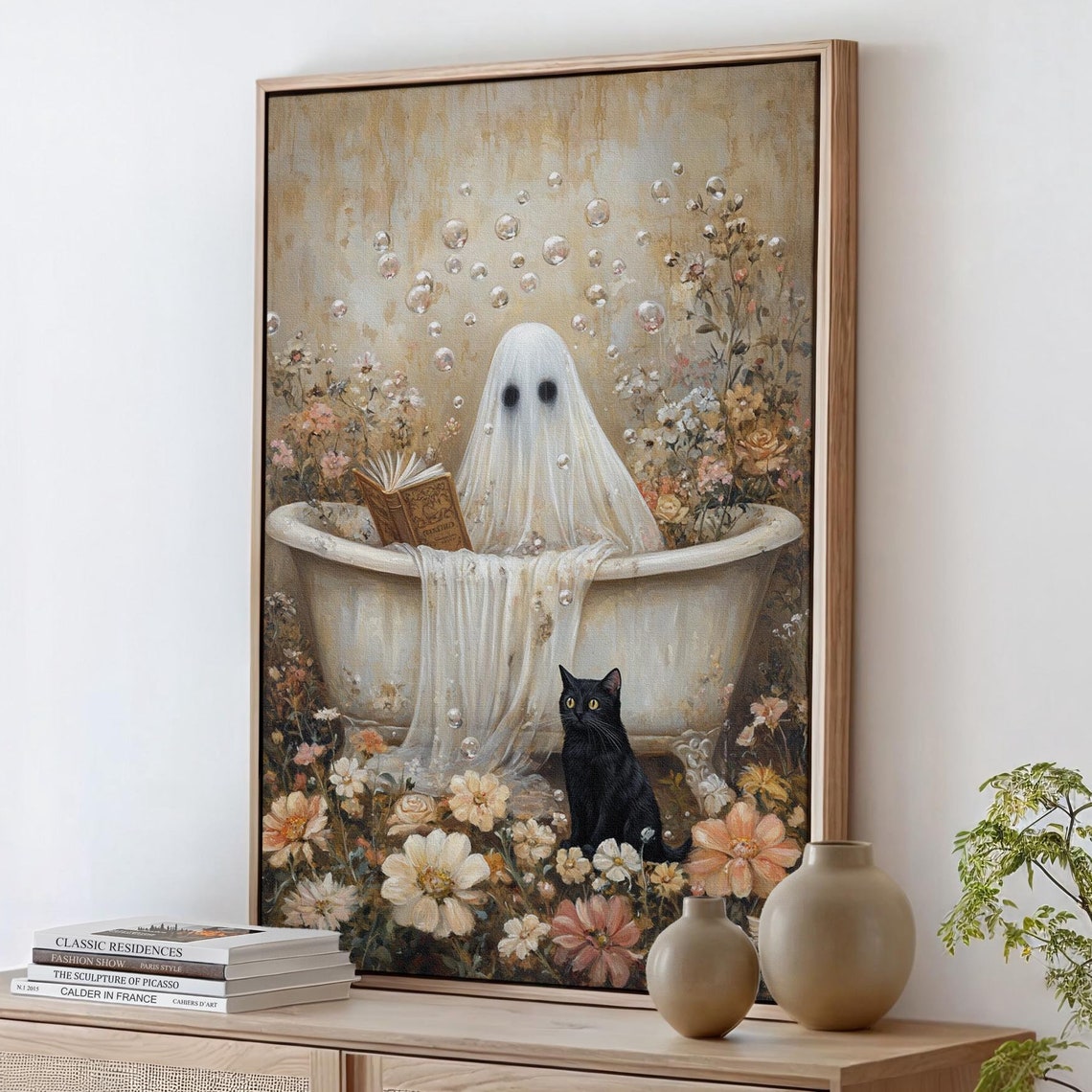 Whimsical Ghost Reading In Vintage Bathtub Floral Cat Halloween Poster