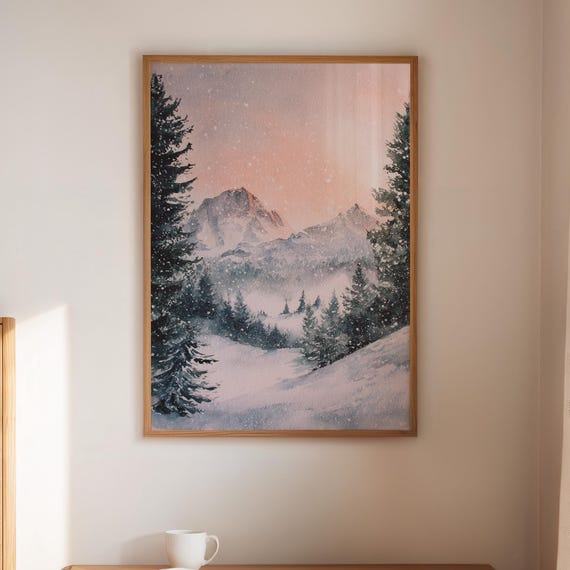Winter Mountain Snowfall Watercolor Landscape Art Print