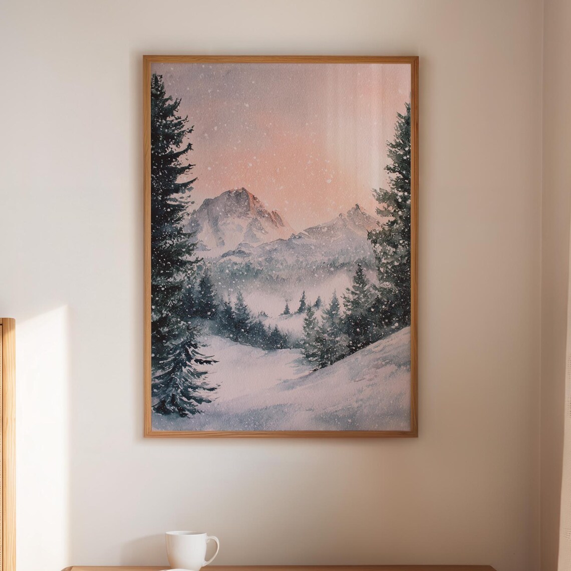 Winter Mountain Snowfall Watercolor Landscape Art Print