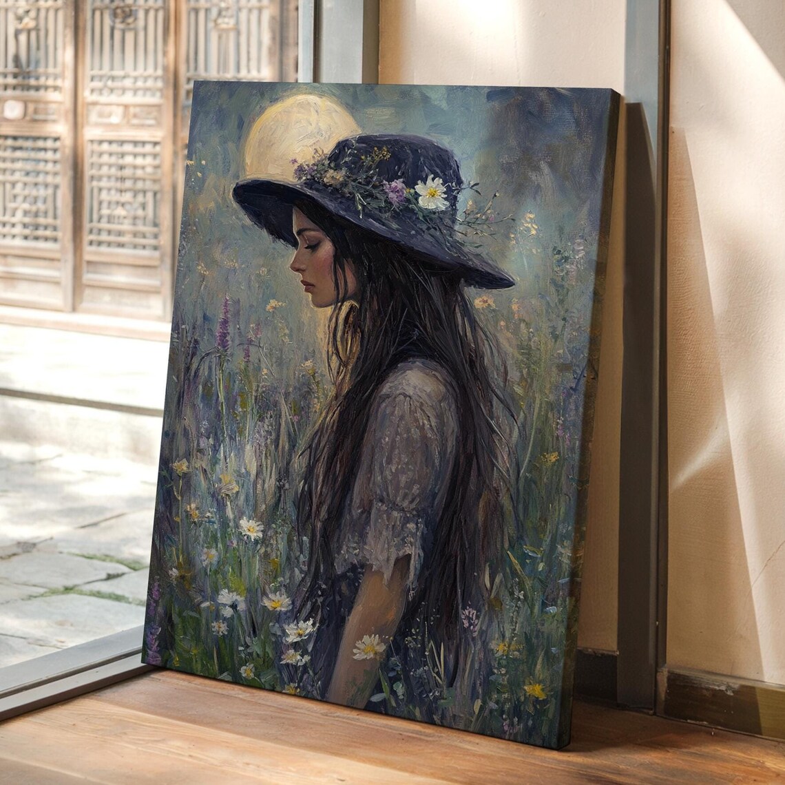 Dreamy Woman in a Flower Covered Hat Beneath a Golden Moon Poster