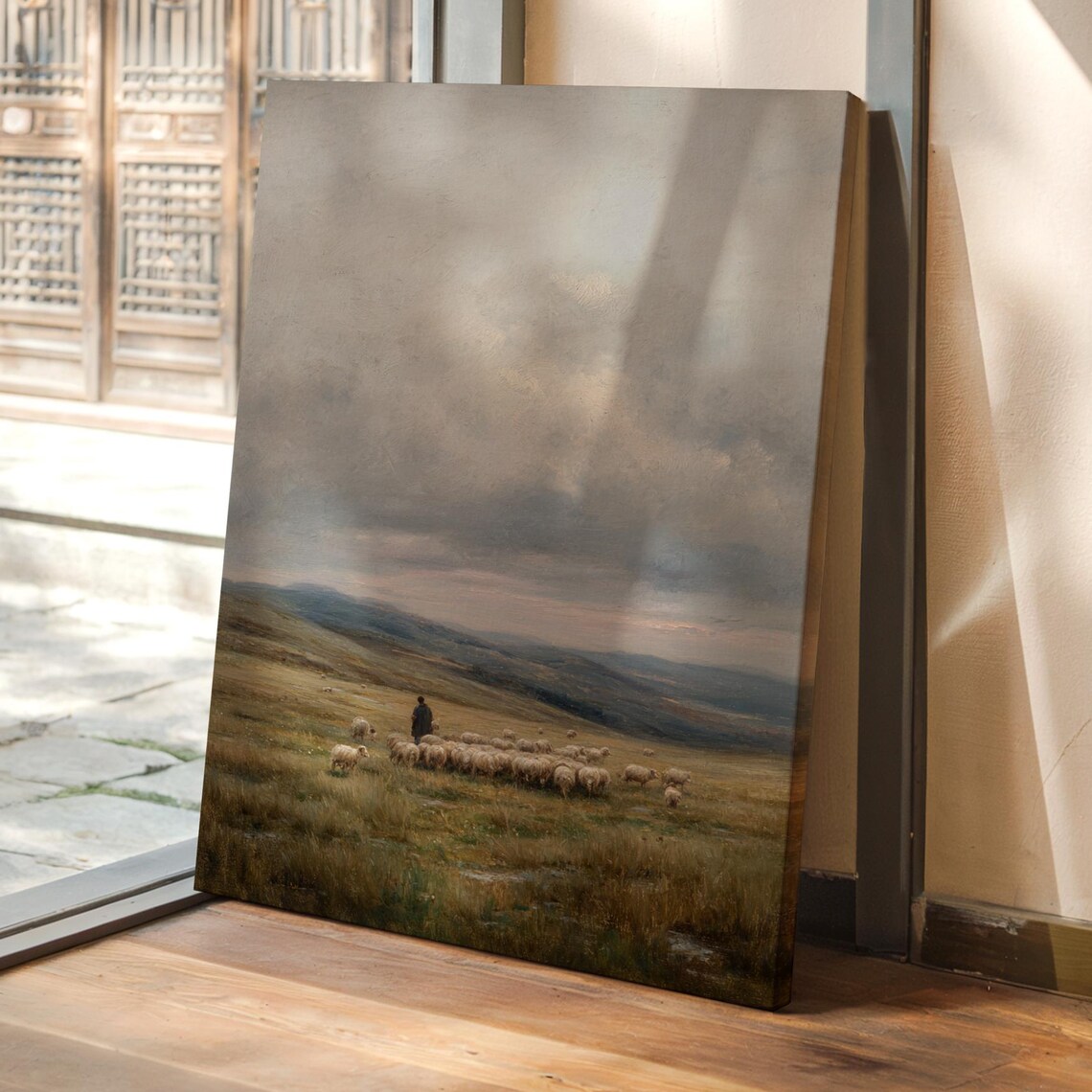 Shepherd with Sheep Flock Misty Moorland Oil Painting Poster