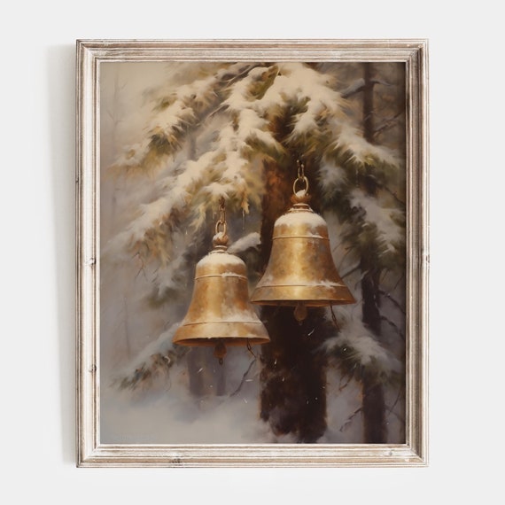 Vintage Christmas Jingle Bells Christmas Print Moody Painting Brass Bells Cozy Winter Farmhouse Holiday Decor Winter Xmas Wall Art