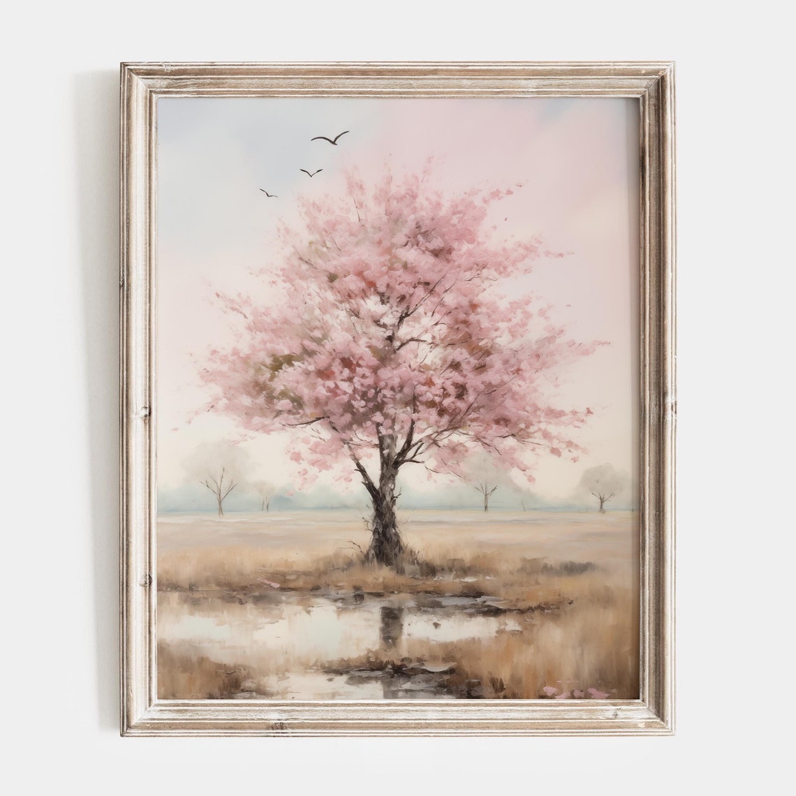 Pink Cherry Blossom Tree In A Misty Spring Field Landscape Poster