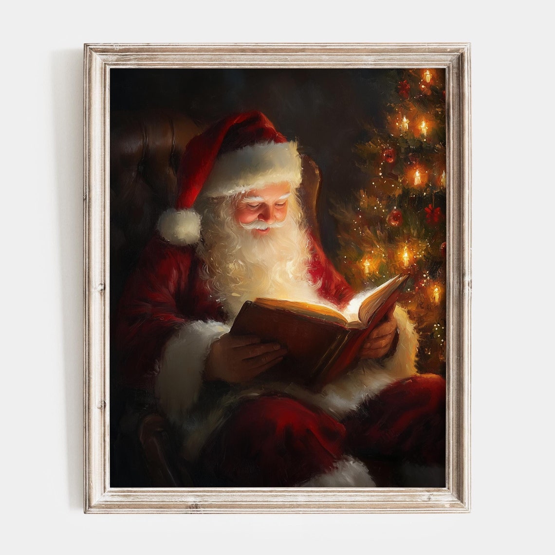 Santa Claus Reading A Glowing Book By The Christmas Tree Poster