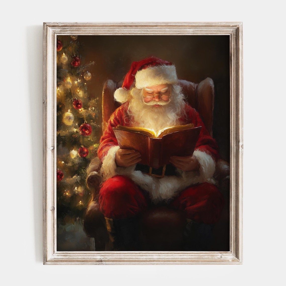 Santa Claus Reading Glowing Book Armchair Christmas Tree Poster
