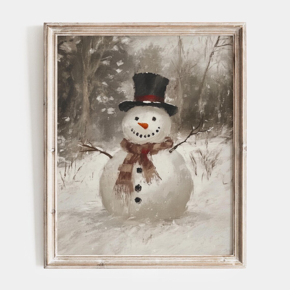Vintage Snowman with Top Hat Scarf in Snowy Forest Painting Poster