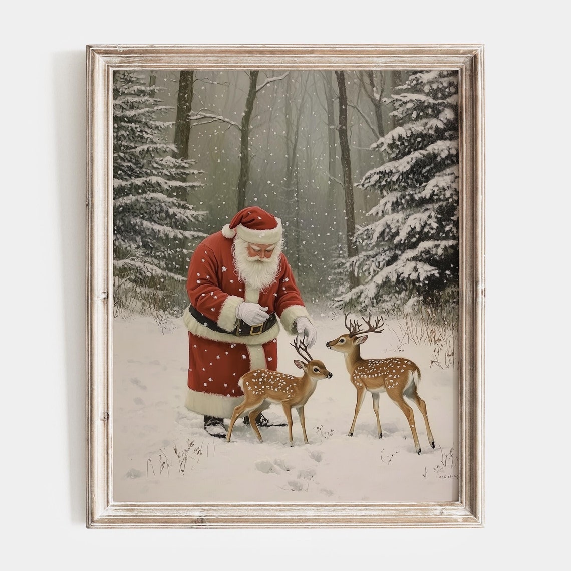 Santa Claus Gently Feeding Two Spotted Fawns In A Snowy Forest Poster
