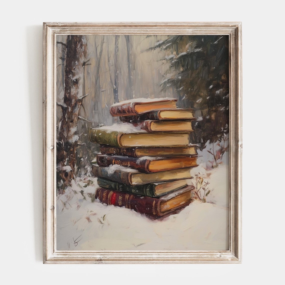 Stack Of Antique Books Dusty With Snow In A Winter Forest Poster