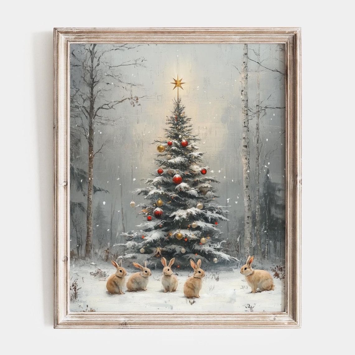 Five Small Rabbits Gathered Around A Decorated Christmas Tree Poster