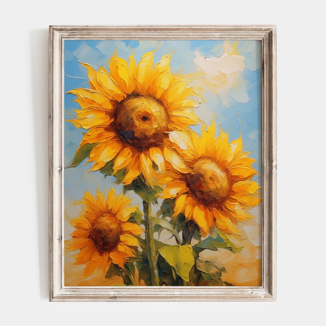 Three Golden Sunflowers Against A Bright Blue Sky Floral Poster