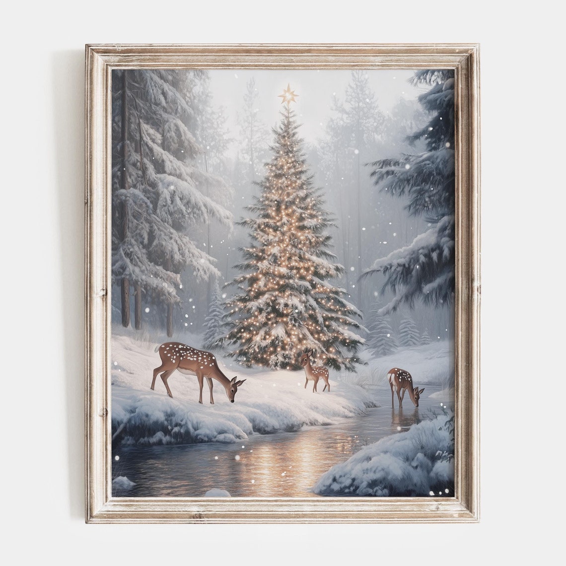 Three Deer Snowy Stream Glowing Christmas Tree Winter Poster