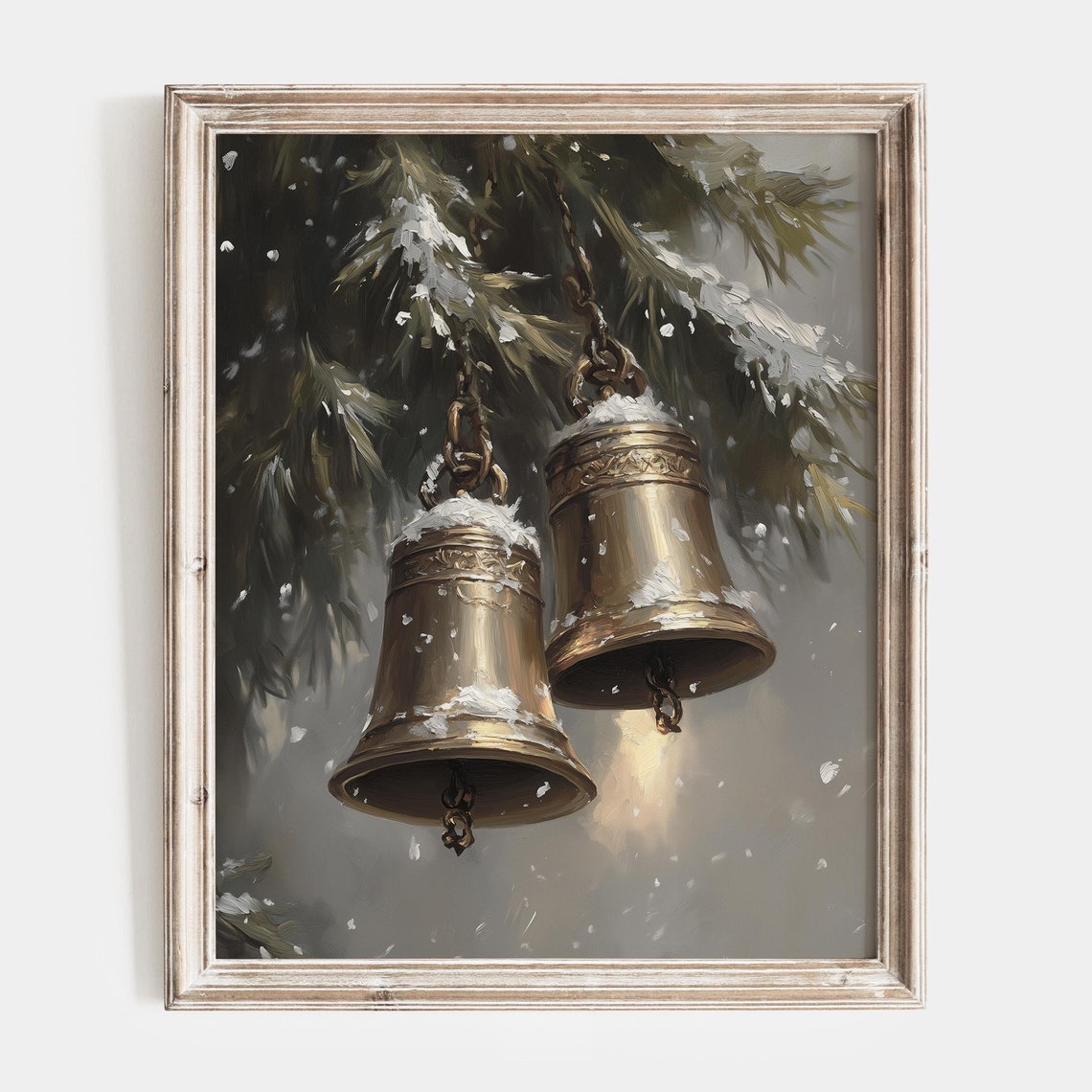 Vintage Christmas Jingle Bells Christmas Print Moody Painting Brass Bells Cozy Winter Farmhouse Holiday Decor Winter Xmas Wall Art