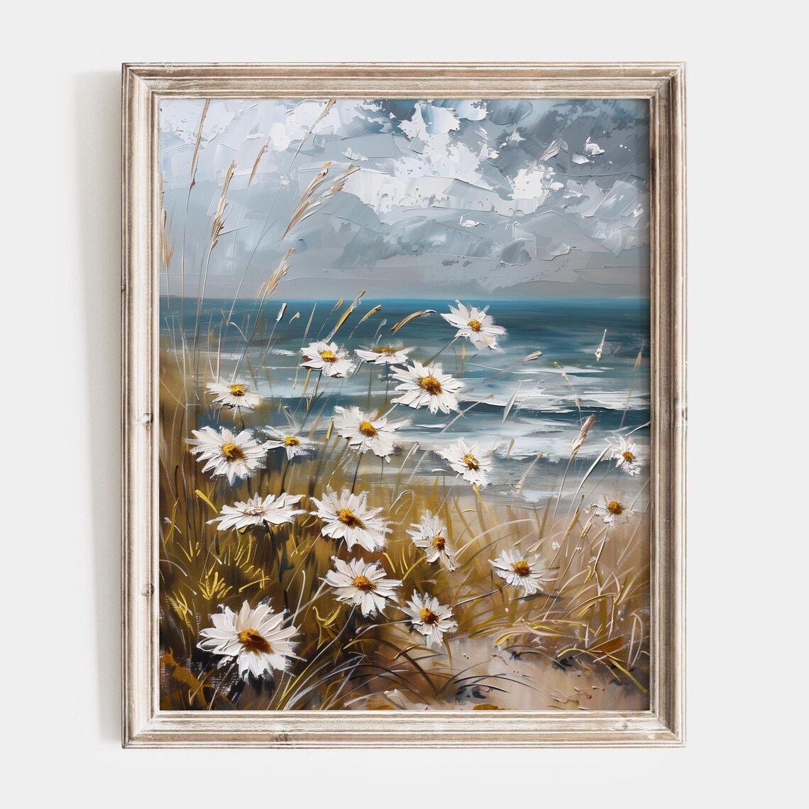 White Daisies by the Sea Coastal Impasto Floral Landscape Poster