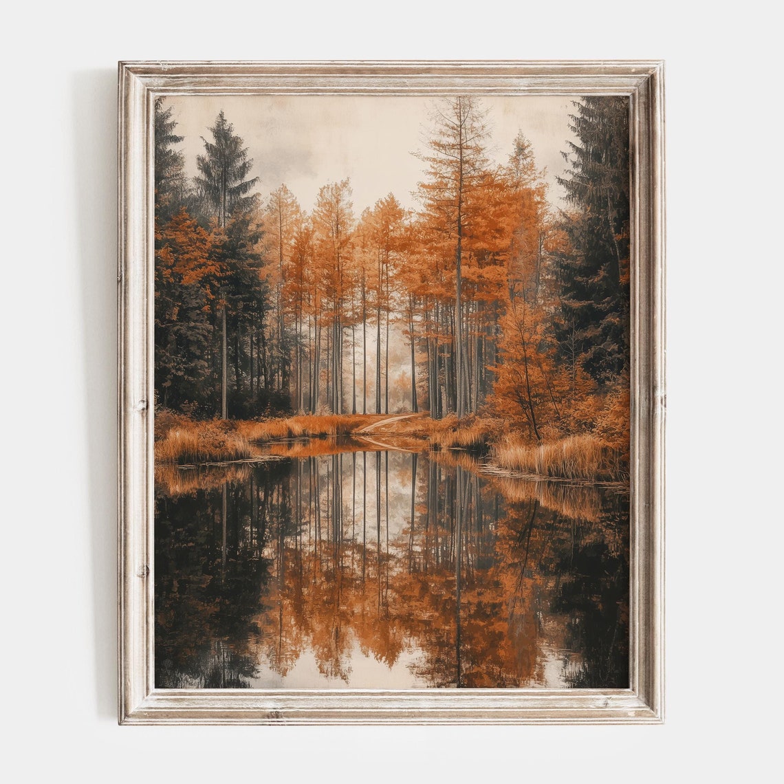 Orange Autumn Forest Reflected In A Still Woodland Pond Poster