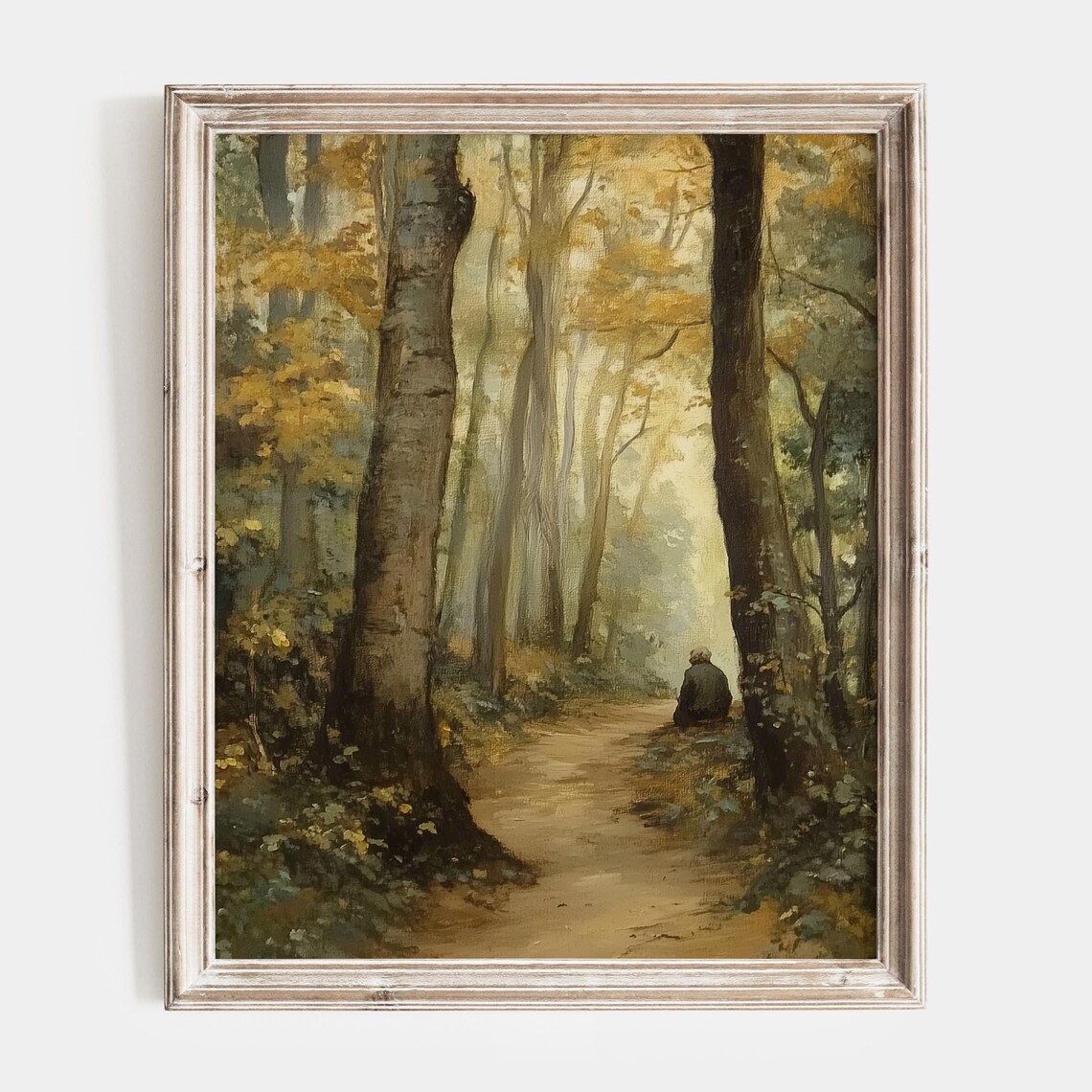 Misty Autumn Forest Path with a Lone Traveler Figure Resting Poster