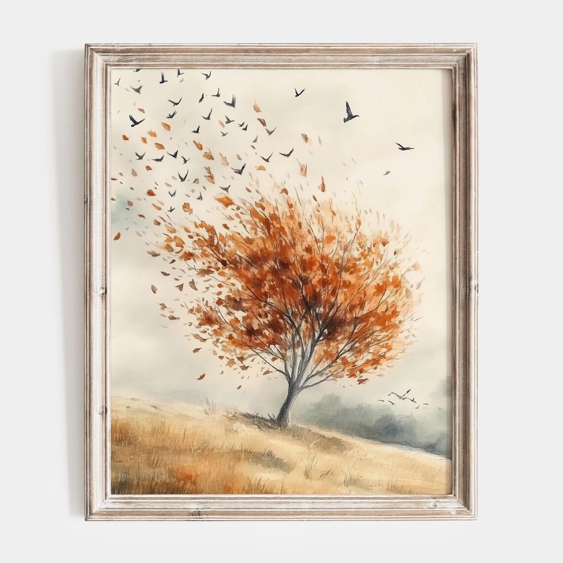 Autumn Tree Shedding Copper Leaves as Birds Take Flight Poster