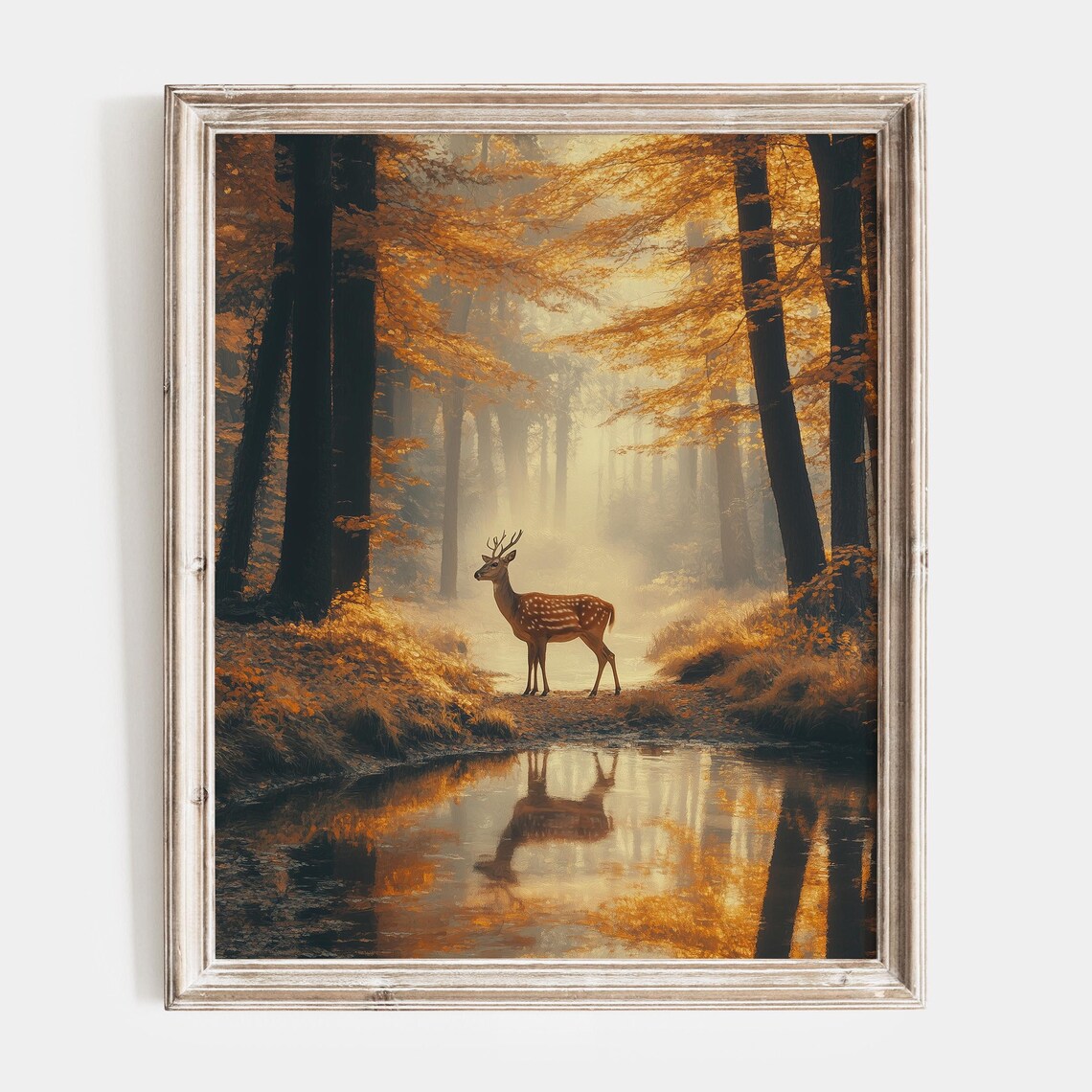 Young Spotted Deer by a Stream in a Golden Misty Forest Poster