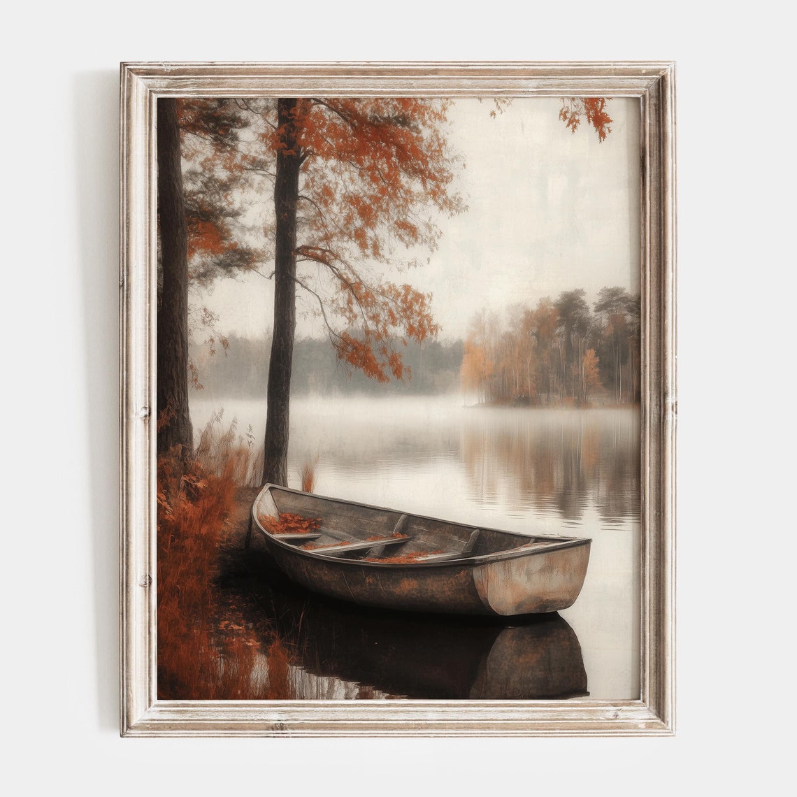 Weathered Rowboat on a Foggy Autumn Lakeshore at Dawn Poster