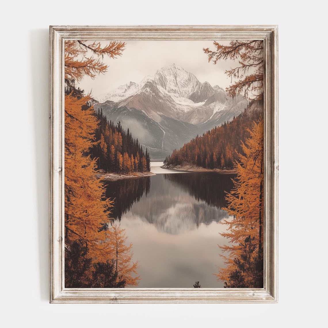 Snowy Peak Reflected in Alpine Lake with Golden Larches Poster