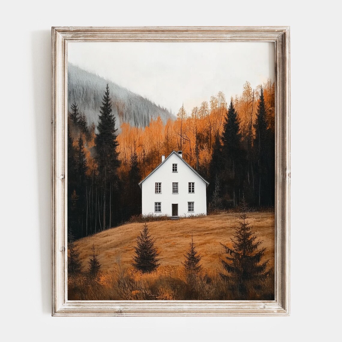 Solitary White House on a Golden Autumn Hillside Painting Poster