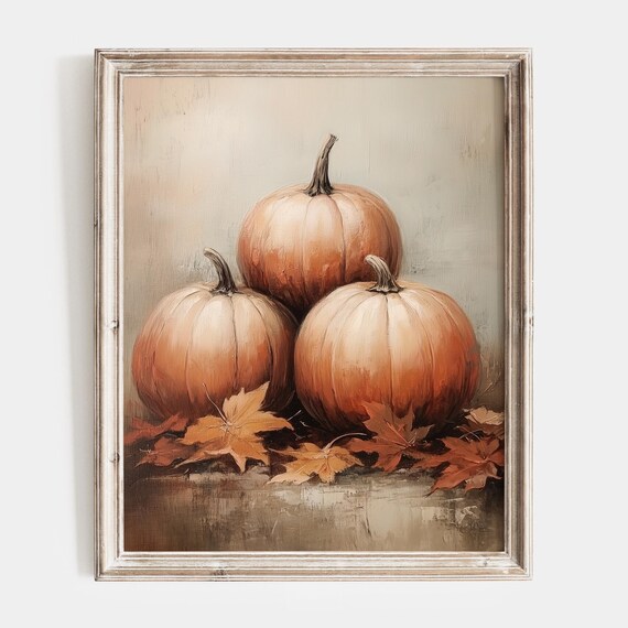 Three Orange Pumpkins Among Maple Leaves Still Life Painting Poster