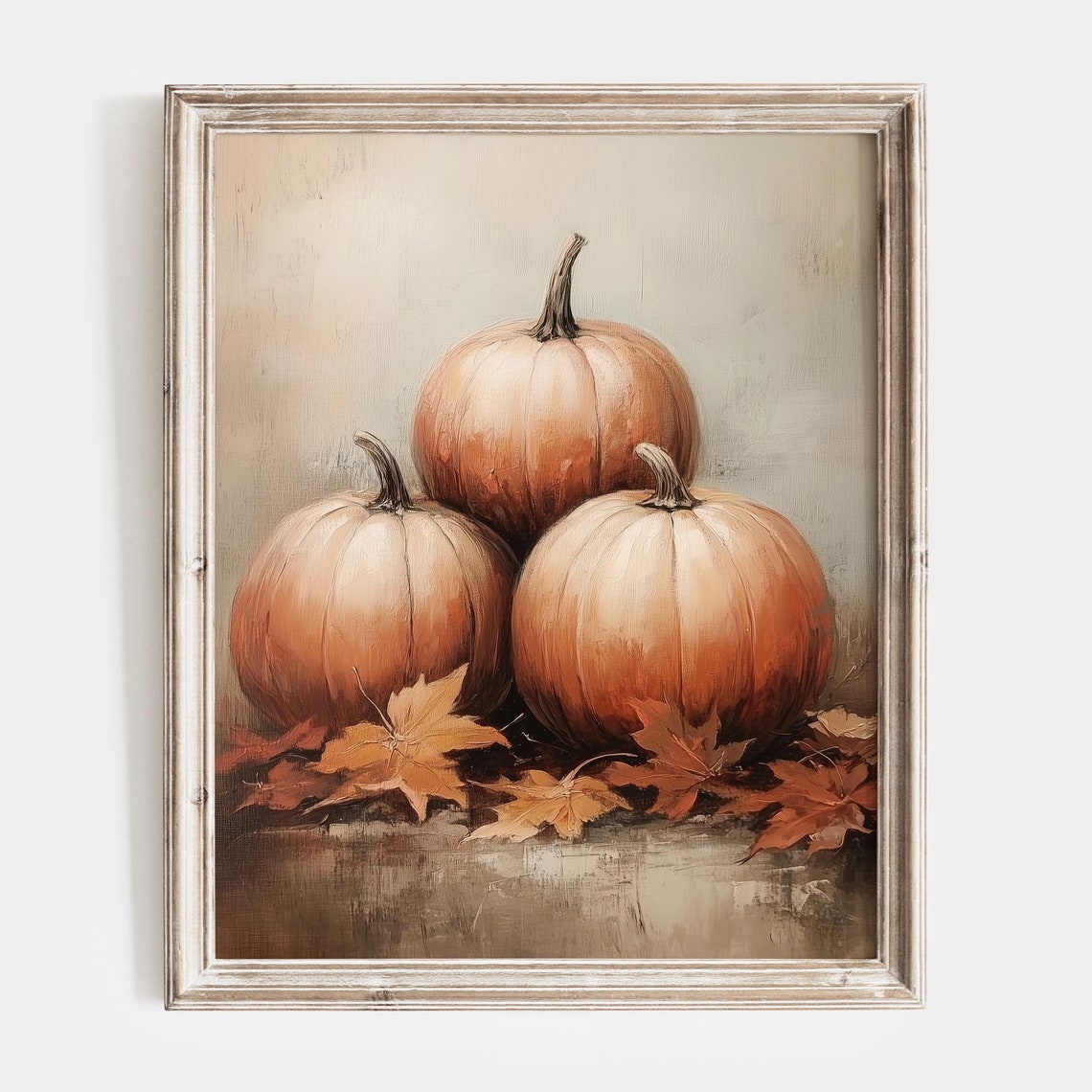 Three Orange Pumpkins Among Maple Leaves Still Life Painting Poster