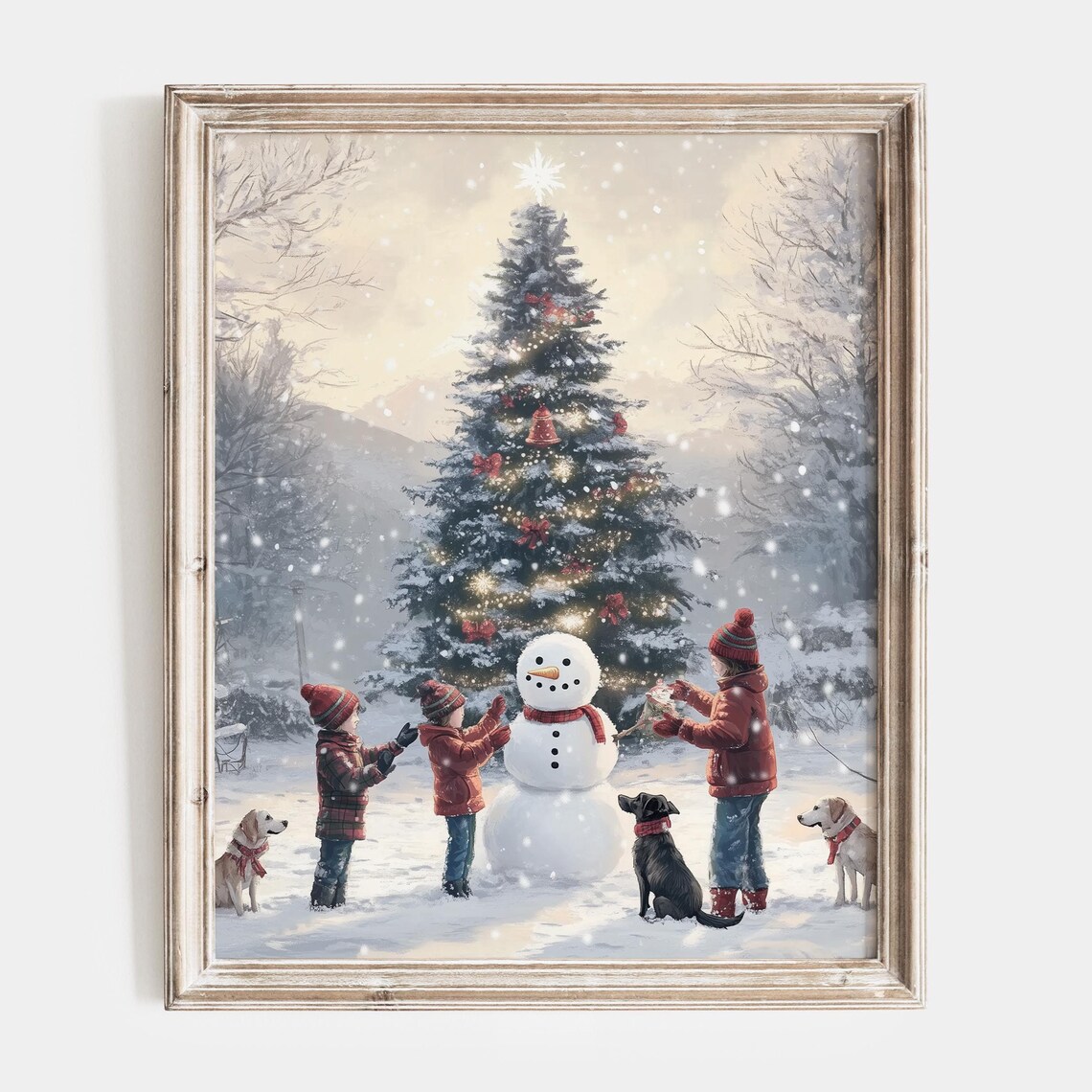 Children Building Snowman with Decorated Christmas Tree Poster