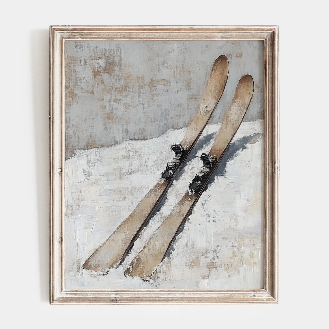Vintage Wooden Skis With Bindings Resting In Fresh Snow Poster