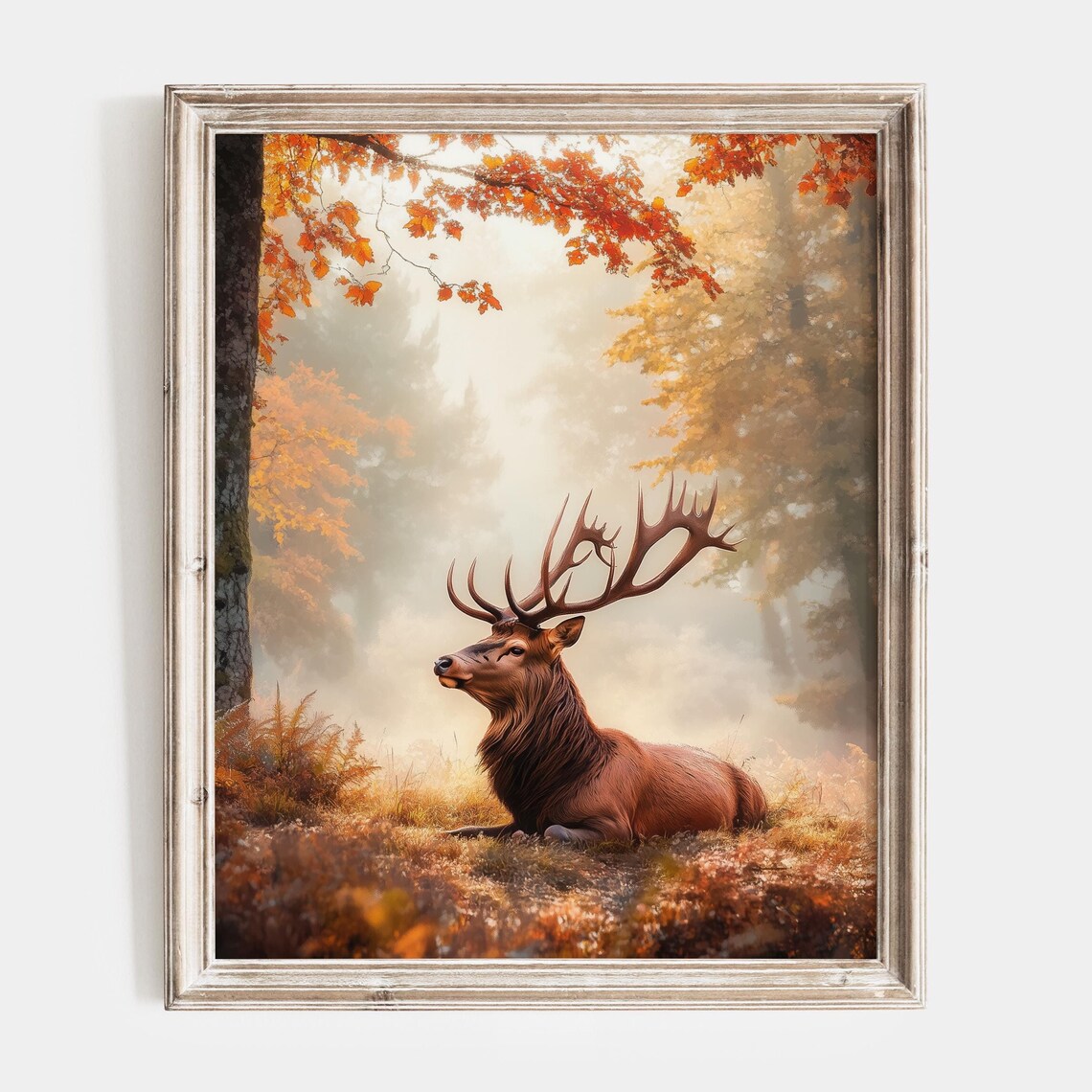 Red Stag Resting in a Misty Golden Autumn Forest Clearing Poster