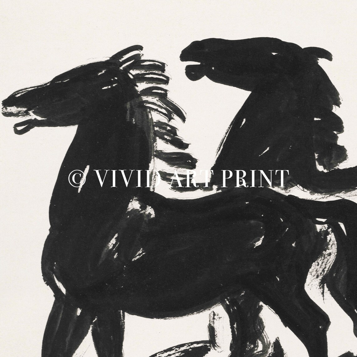 Vintage Brush Drawing Three Horses Antique Decor - Image 4