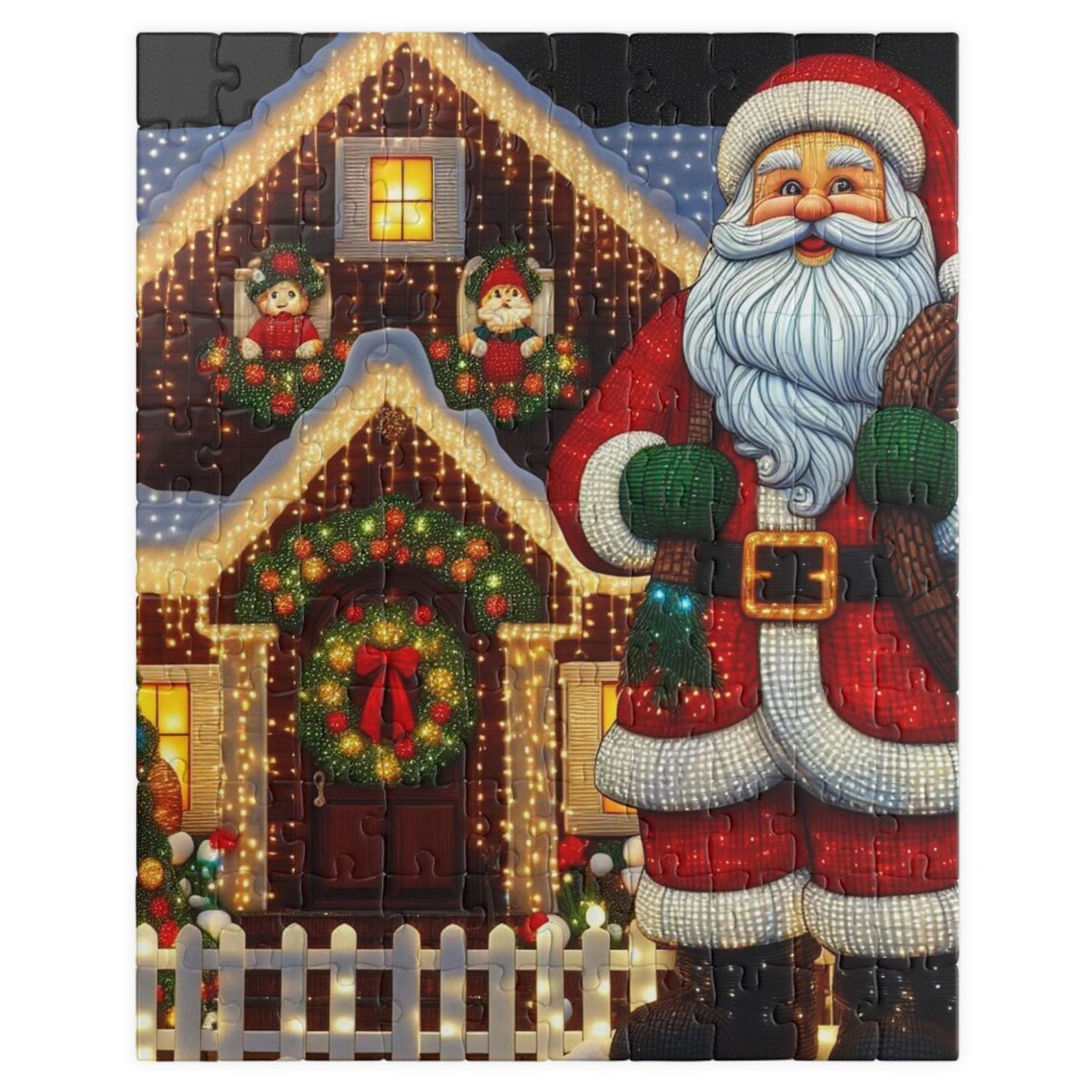 Santa Claus Lighted Christmas Cabin Jigsaw Puzzle Holiday Poster - Image 2