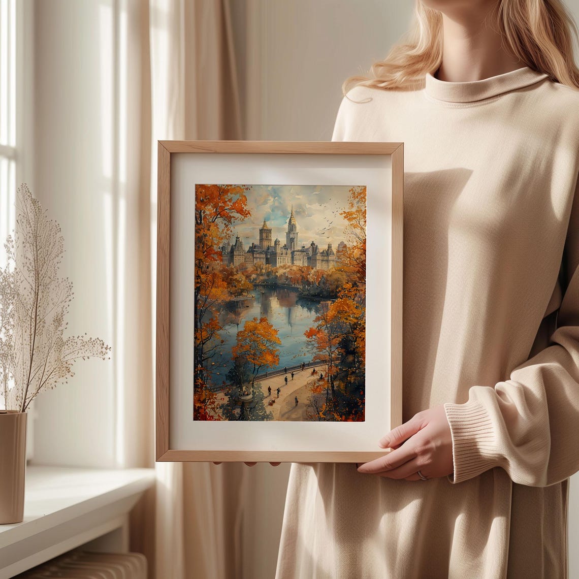 Central Park New York Autumn Lake Skyline Watercolor Travel Poster - Image 2
