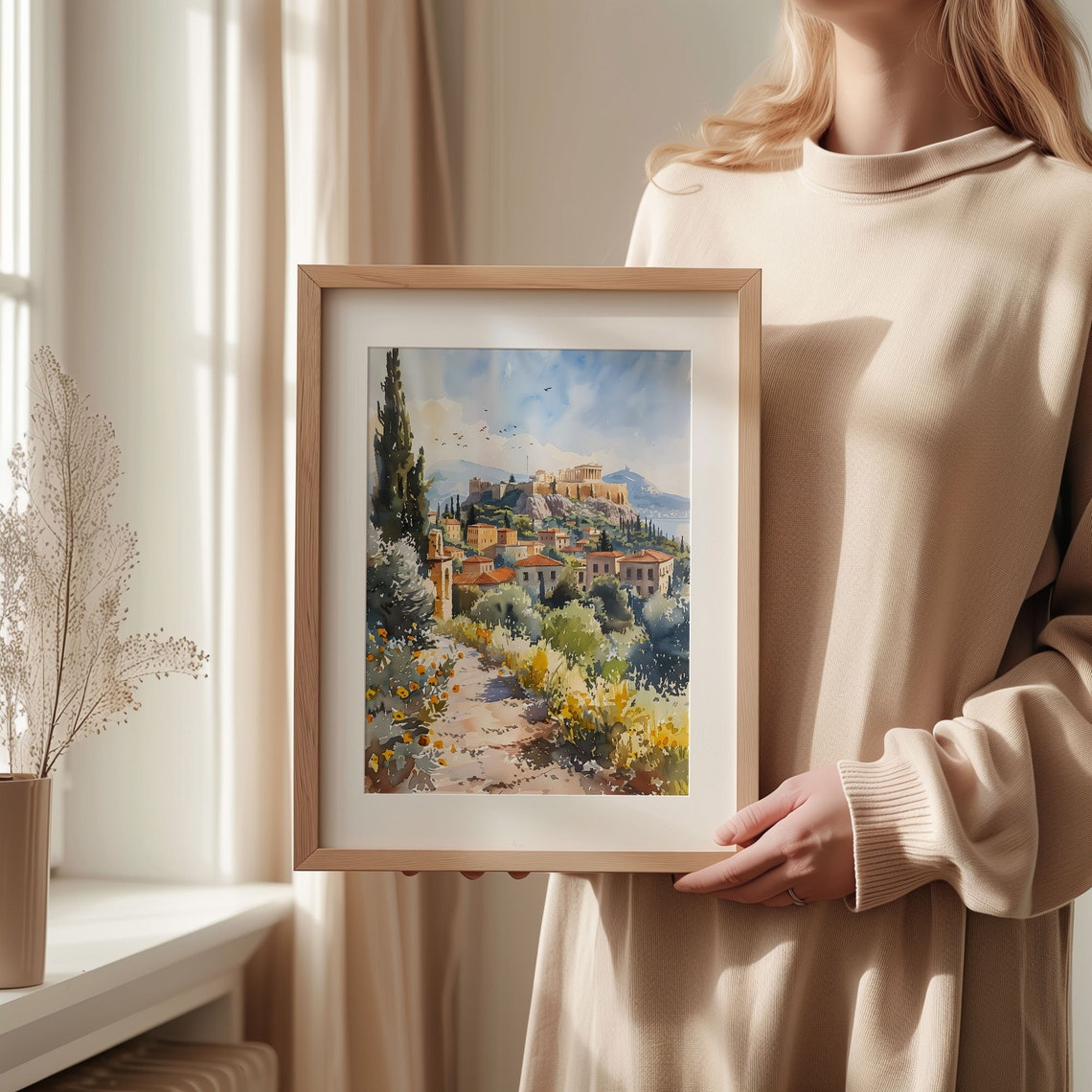 Athens Greece Acropolis Parthenon Hill Cypress Watercolor Poster - Image 2