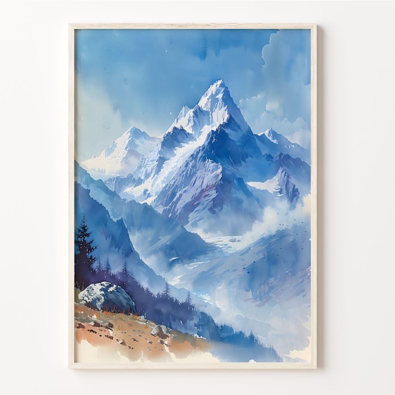 Mount Everest Snowy Peak Himalaya Blue Landscape Watercolor Poster