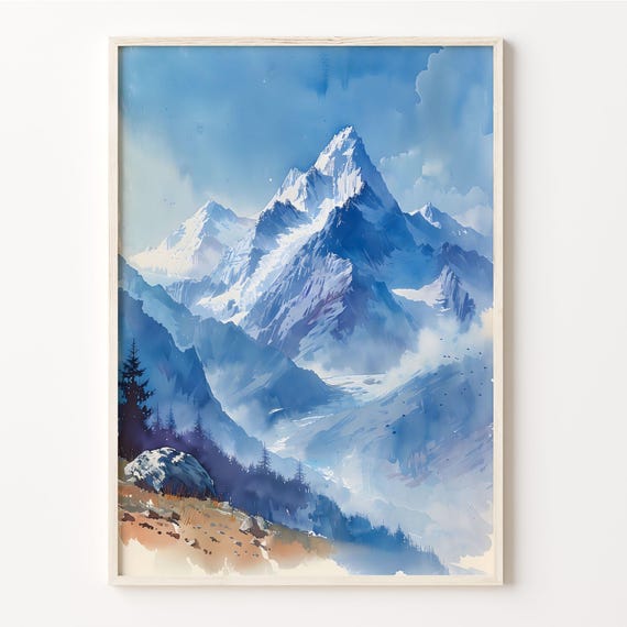 Mount Everest Watercolor Painting Himalaya Landscape Print Travel Poster Wall Art Hiking Gift Climbing Decor C30 540