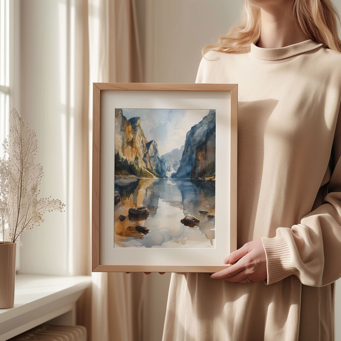 Norway Fjord Steep Cliffs Calm Mirror Lake Watercolor Travel Poster - Image 2