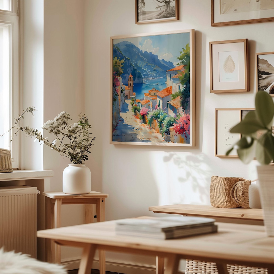 Amalfi Coast Italy Seaside Village Watercolor Painting Poster - Image 3