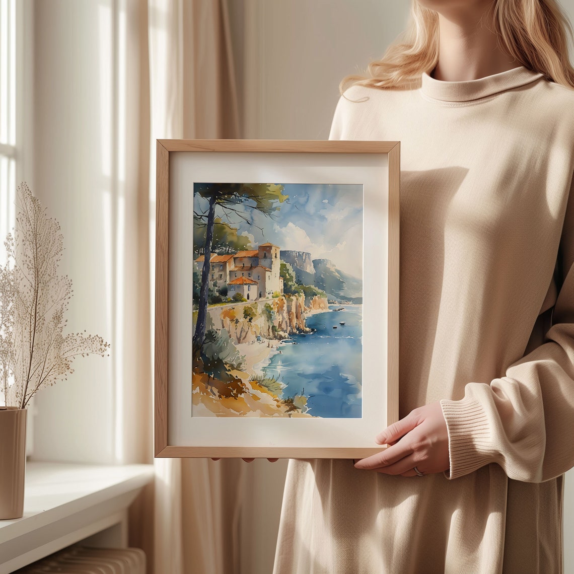 Mediterranean Sunlit Cliffside Village Sea Cove Watercolor Poster - Image 2