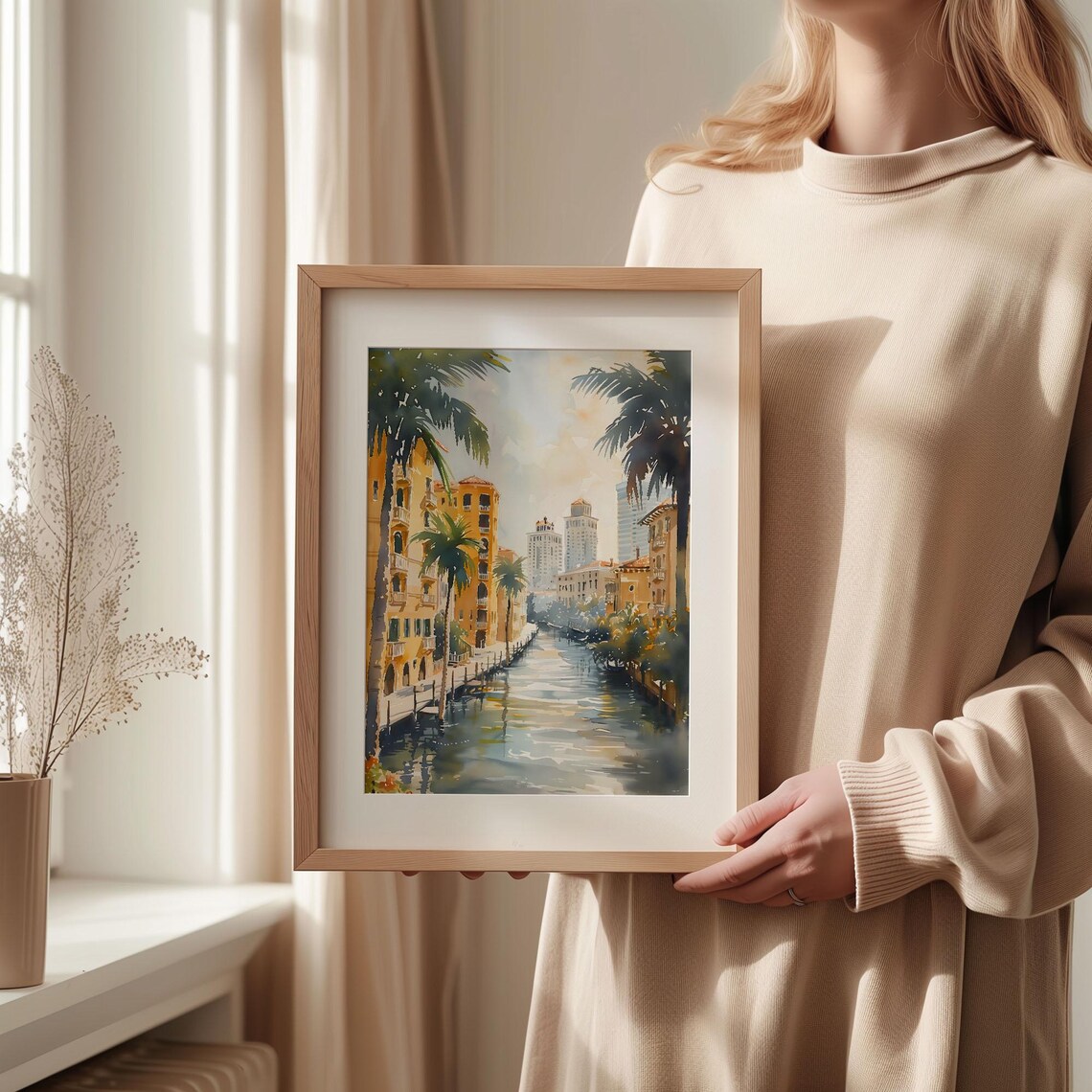 Miami Florida Canal Palm Trees Downtown Skyline Watercolor Travel Poster - Image 2