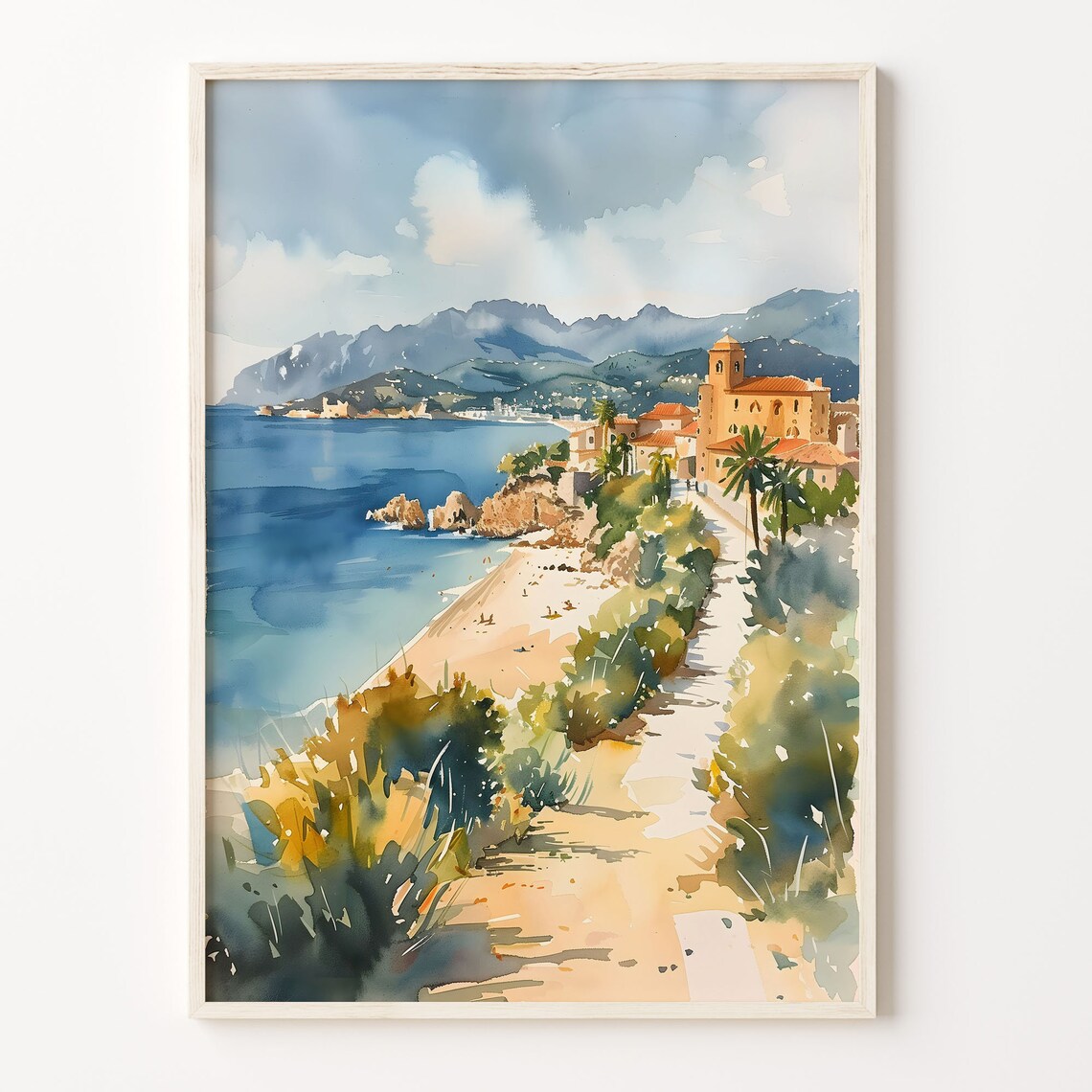 Cote dAzur French Riviera Beach Town Church Watercolor Travel Poster