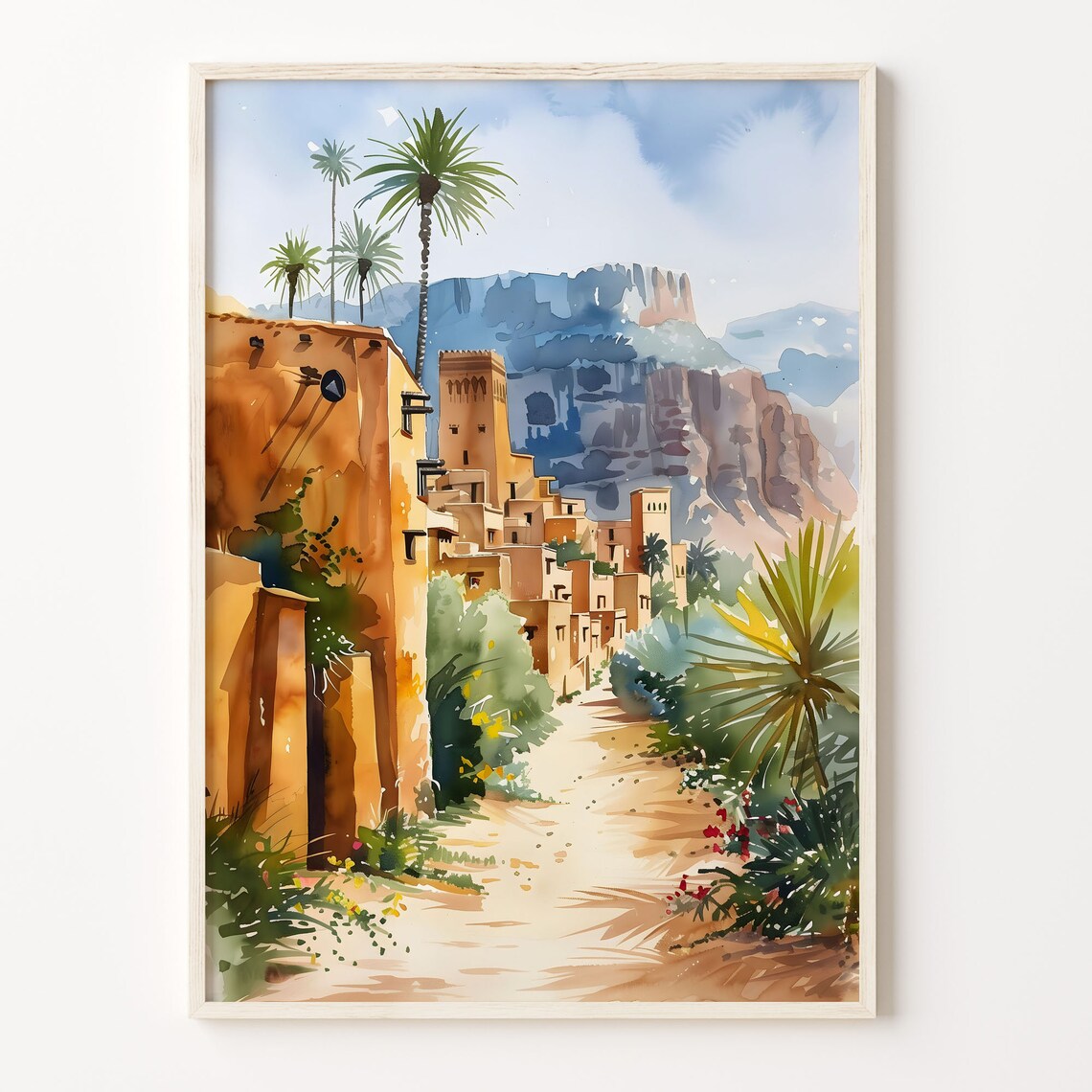 Morocco Desert Golden Oasis Village Palm Trees Watercolor Poster